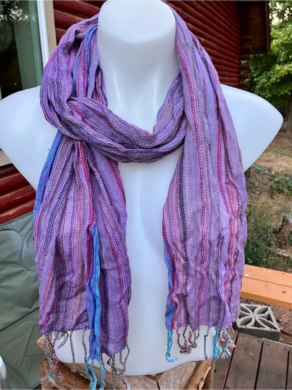 Ultra soft woven fringed purple striped scarf